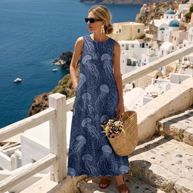Xoenoiee Blue Jellyfish Coral Print Womens Maxi Sundresses Summer Round Neck Sleeveless Boho Dresses Linen-Like Flowy Beach Vacation Long Dresses