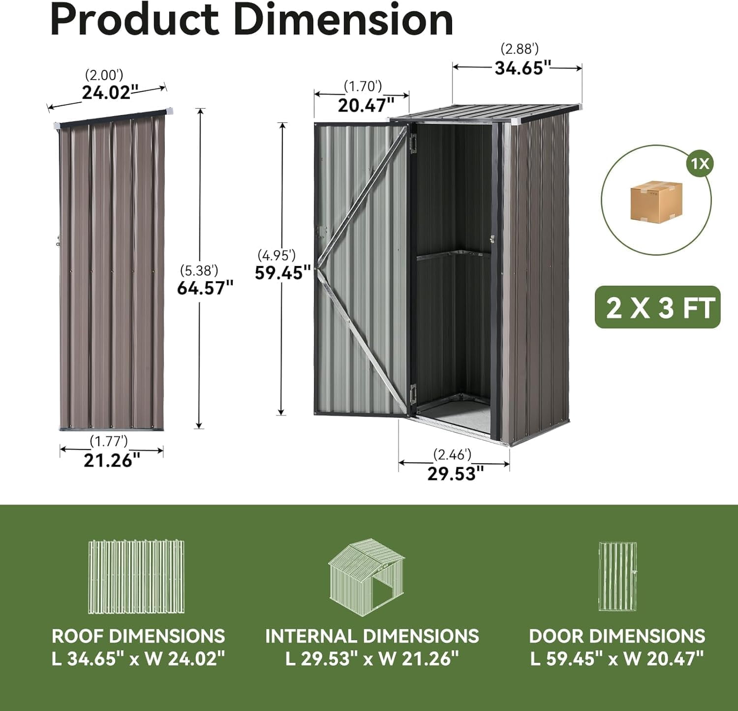 Aoxun 3x2.1ft Outdoor Metal Storage Shed with Lockable Doors, Steel Utility Tool Shed, Brown
