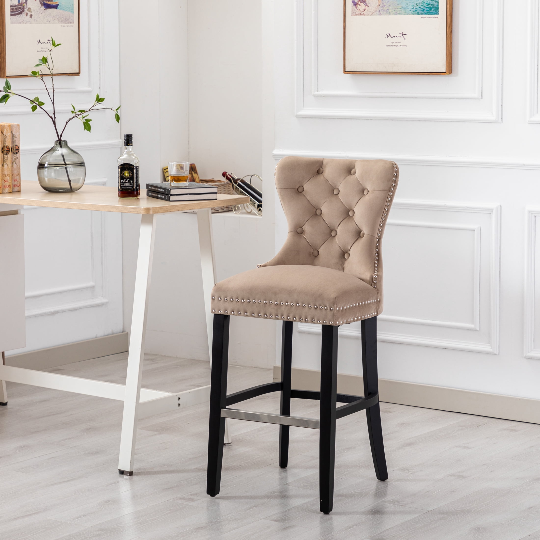 Westin Outdoor 29" Tufted Velvet Counter Stool, Black/Velvet Taupe