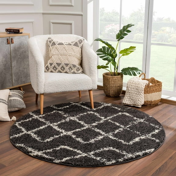 Hauteloom Berber Shag Collection - Ayden Farmhouse Under Table Round Area Rug Tassel - Fluffy Plush High Pile Carpet - Soft Shaggy Rug, Moroccan Trellis - Black, White, Beige - 5'3" Circle/Circular