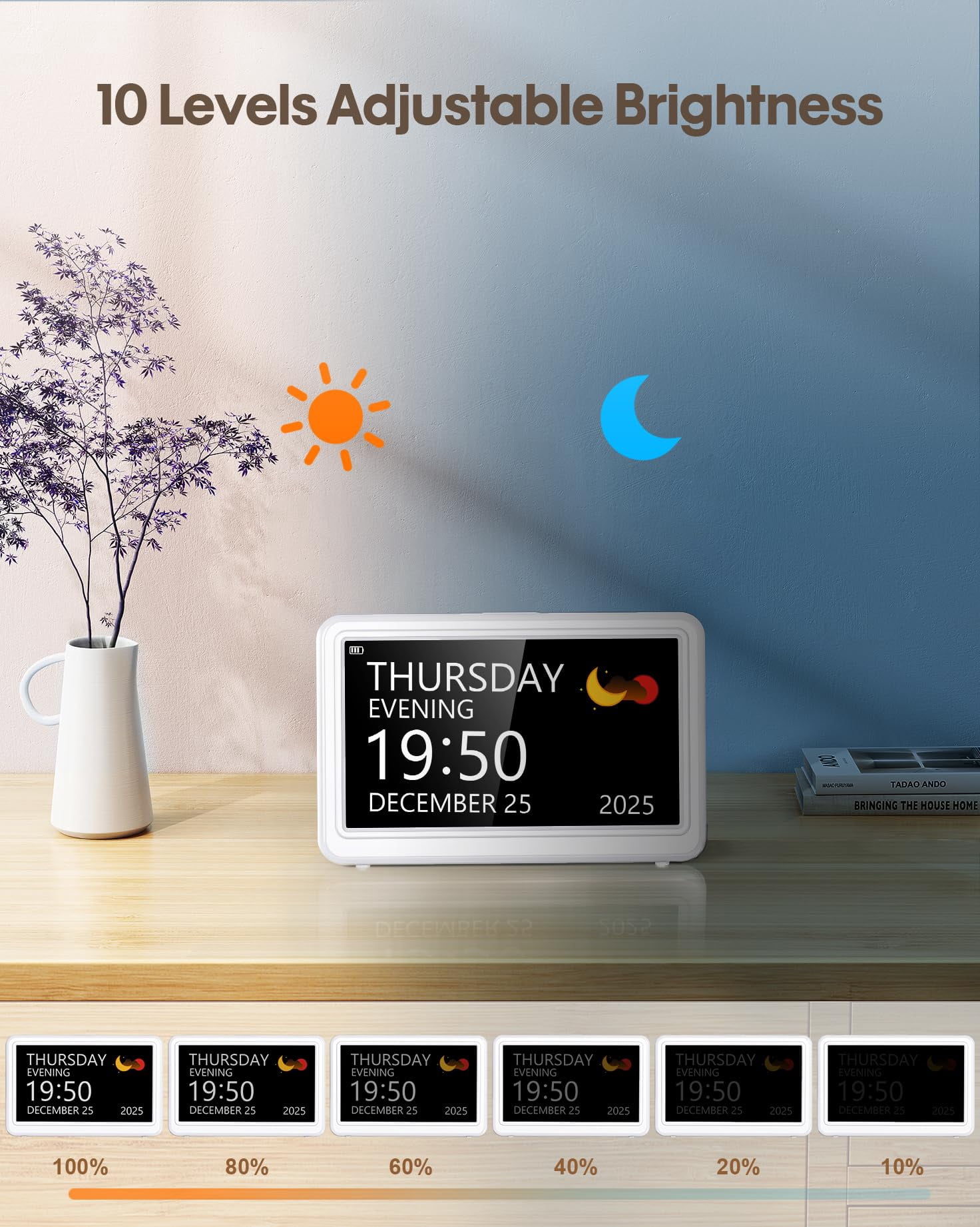 Digital Clock With Date And Day Of Week  Dementia Clocks Operated Alarm 20 Alarms Reminders 7" Large Display Desk For White (with Rechargeable Battery)