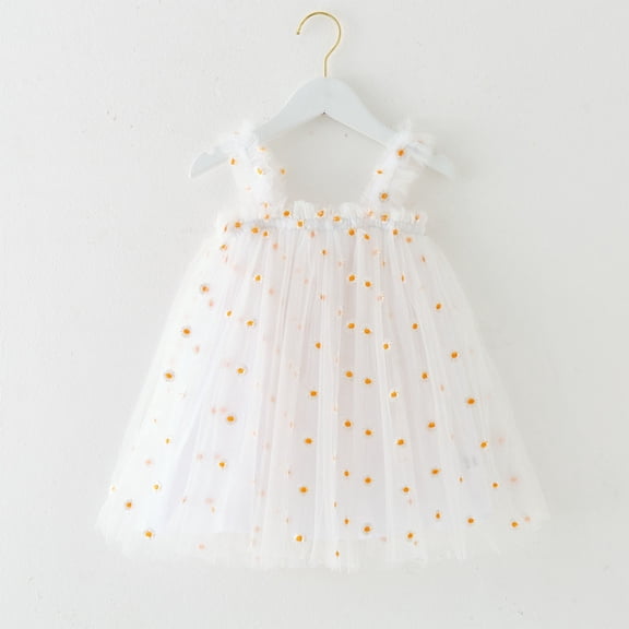 ITSAME Sleeveless Dress for Girls, Sweet Mesh Cute Graphic Flower Strap Summer Princess Dresses White 0-1T