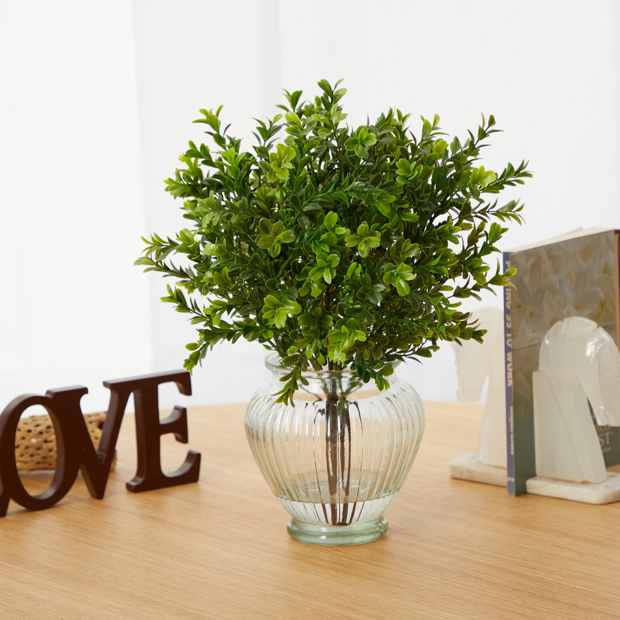 Nearly Natural 14in. Boxwood Artificial Plant in Glass Planter (Indoor/Outdoor)