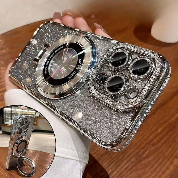 Magnetic Kickstand (Glitter Lens Protector ) Case for IPhone 15 14 13 12 Pro Max (Compatible with Magsafe ) Sparkling Diamond Cover Glitter Shiny Rhinestone Cases (Silver,for iPhone 13)
