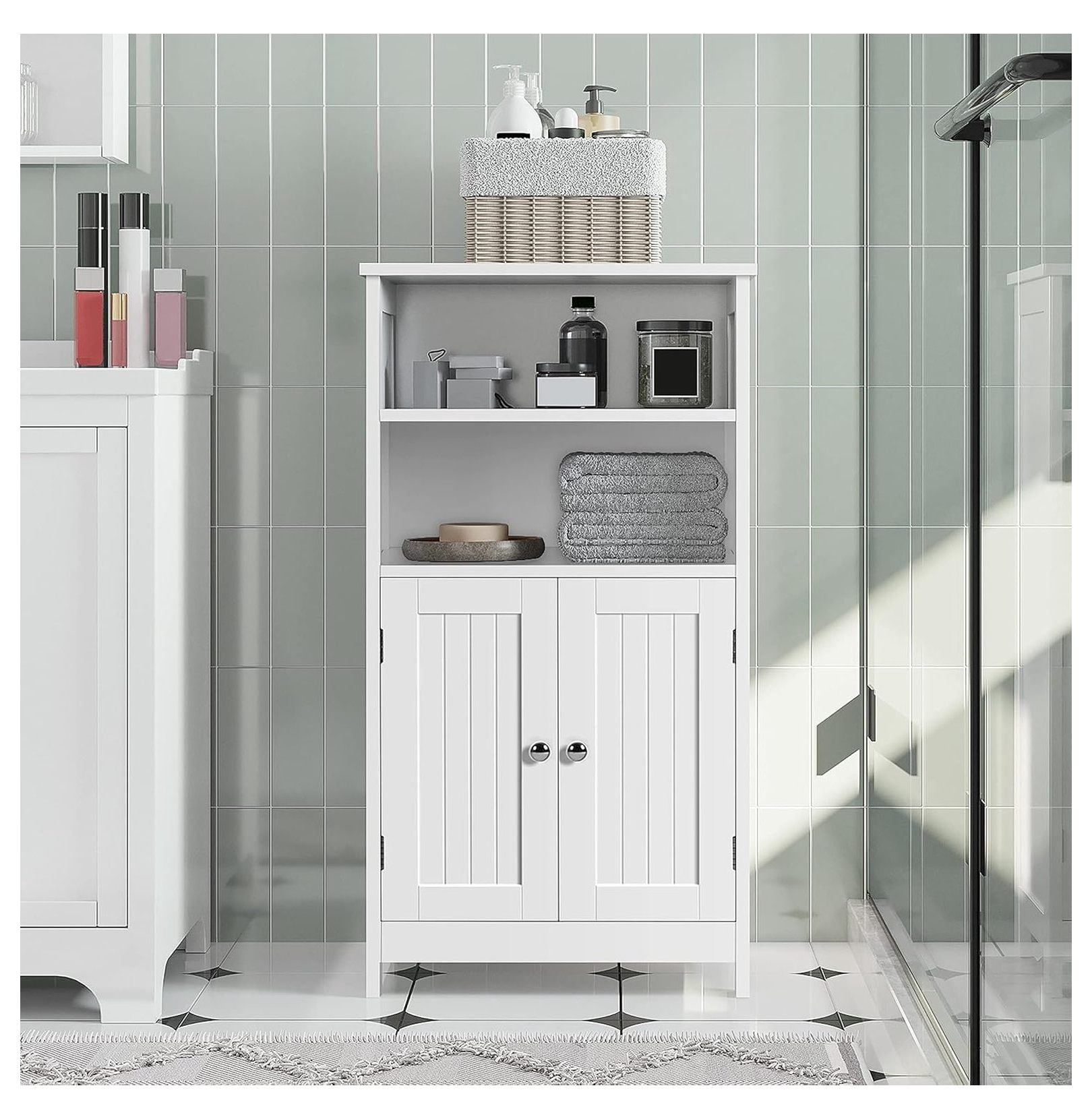 Bathroom Floor Storage Cabinet with 2 Doors and Adjustable Shelf, Side Storage Organizer for Living Room/Hallway, White