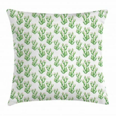 Watercolor Flowers Throw Pillow Cushion Cover, Cactus Plants Exotic Climate Botanical Branches Mother Nature Artsy, Decorative Square Accent Pillow Case, 16 X 16 Inches, Fern Green Pink, by