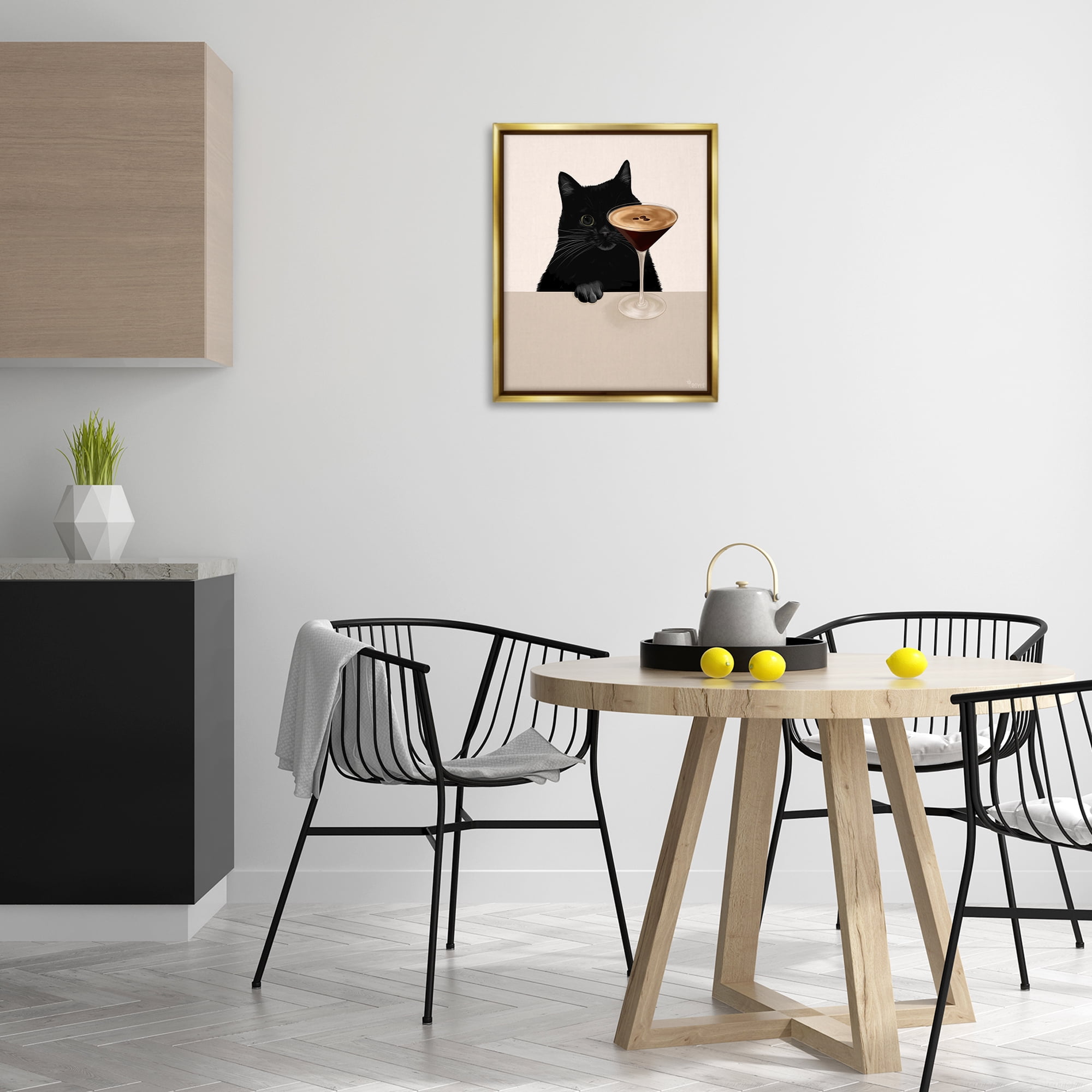 Stupell Industries Cat & Espresso Martini Food & Beverage Painting Gold Floater Framed Art Print Wall Art, 17 x 21