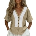 thumbnail image 2 of Uootdi Ladies Casual Shirts Plain Hollow Out Placket V Neck Short Sleeve Linen Shirt Soft Breathable Daily Wear Blouses Gift, 2 of 9