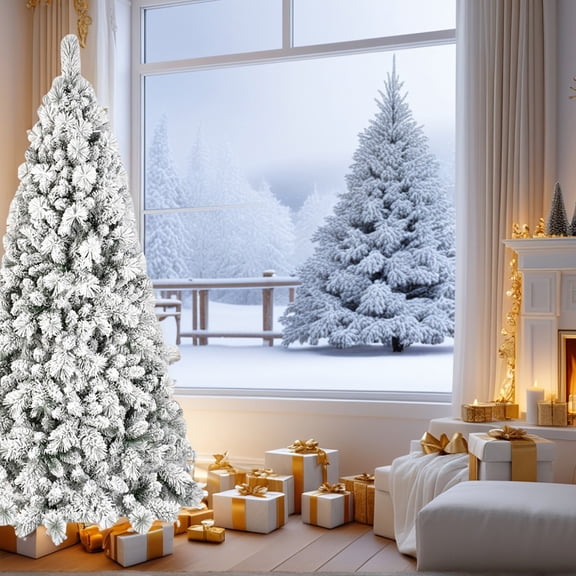 Yardi Yarda Artificial 7FT Flock LED-Lit Christmas Tree with 1060PVC/Hard Needle Mixed Branch Tips, Christmas Tree with Hinged Premium & Foldable Base, Green White