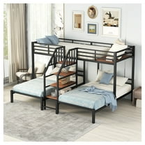 Metal Triple Bunk Bed, Twin Over Twin & Twin, Storage Shelves & Staircase, Black
