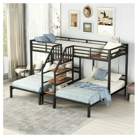 Metal Triple Bunk Bed, Twin Over Twin & Twin, Storage Shelves & Staircase, Black