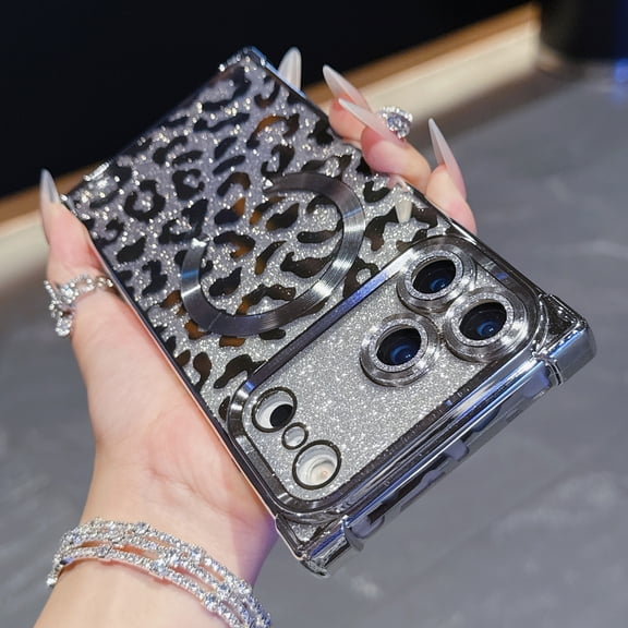 Decase for iPhone 17 Pro Max Magnetic Case,Shockproof TPU Electroplated Bumper Clear Back Cover Built-in Lens Film,Leopard Glitter Slim Cover,Support Wireless Charging,Silver