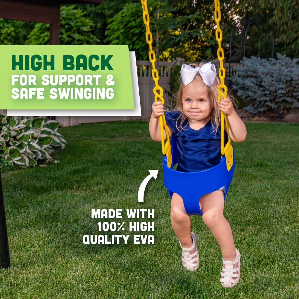 Deluxe High Back Full Bucket Toddler Swing with Exclusive Chain & Triangle Dip Pinch Protection and Carabiners for Easy Install&nbsp;- Blue - Squirrel Products