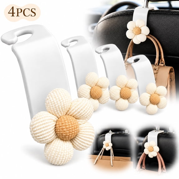 Rongsi Car Purse Hook,4PCS Car Headrest Hooks, Cute Flower Vehicle Seat Organizer Hooks for Purses and Bags, Portable Automotive Purse Hanger Holder Decoration, Universal for SUV, Sedan, Truck (Beige