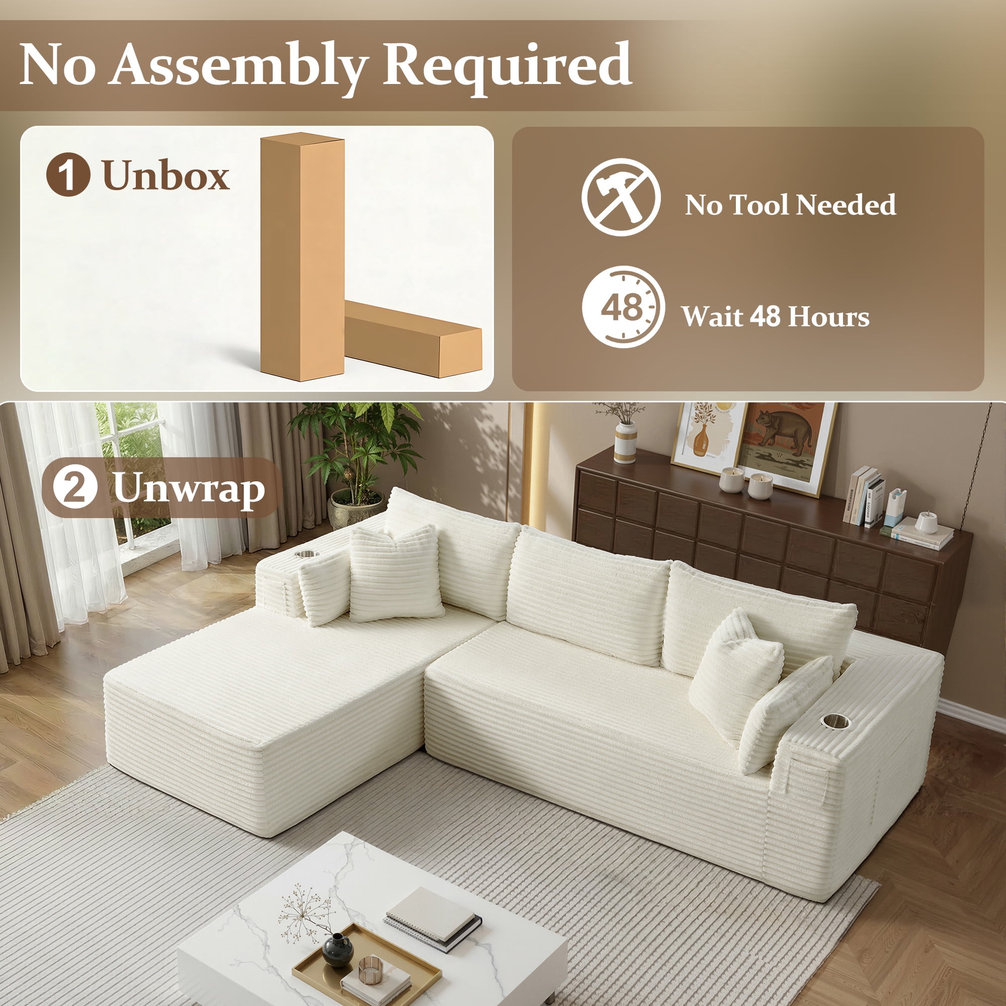 3 Seats Boneless Modular Cloud Sectional Sofa with Chaise, Extra-Wide Deep Seats Plush Corduroy Sleeper Soft Couch for Modern Living Rooms, Small Spaces & Apartments (Beige, 108"-L Shape Left)
