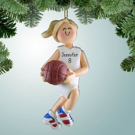 Personalized Basketball with White Uniform - F. Blonde Christmas Ornament - Shooting - Dribbling - Passing - Sharp Shooter - Team Gift Ideas