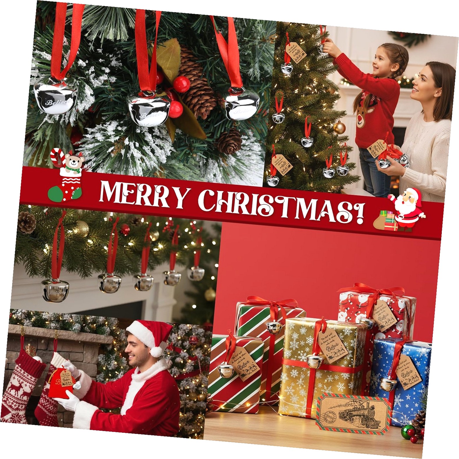 Fuliko 50 Sets Christmas Believe with Tags Red Velvet Bag, Christmas Jingle Tree Decoration for Xmas Tree Decorations Party
