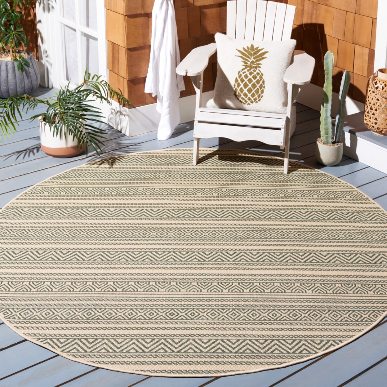 SAFAVIEH Courtyard Seanna Striped Indoor/Outdoor Area Rug, Beige/Dark Green, 9' x 12'