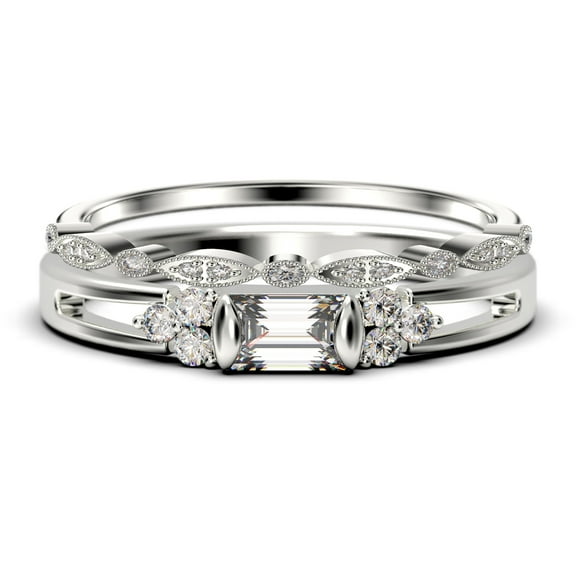 Classic Minimalist 1.50 Carat Baguette Cut Diamond Moissanite Engagement Ring, Split shank Wedding Ring in 925 Sterling Silver With 18k White Gold Plating,Promise Ring, Bridal Rings Set