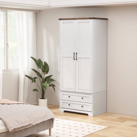 Brafabhome 71"H Armoire Wardrobe Closet with 2 Drawers, Farmhouse 2 Doors Armoire Cabinet with Hanging Rod, Modern Freestanding Wardrobe Clothes Cabinet for Bedroom | White