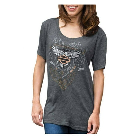 - Harley-Davidson Women's 115th Anniversary Free Stitch Short Sleeve Tee, Gray, Harley Davidson