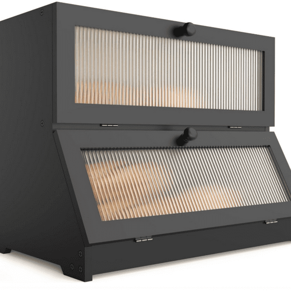 Double Layer Bamboo Bread Box for Kitchen Counter-Large Capacity Bread Storage Container Farmhouse Bread Box with Window Bread Holder (Black)