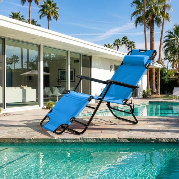 Folding Chaise Lounge Chair for Outdoor, 2-in-1 Portable Tanning Chair with Pillow, Adjustable Recliner Chair for Beach Camping Pool, Blue