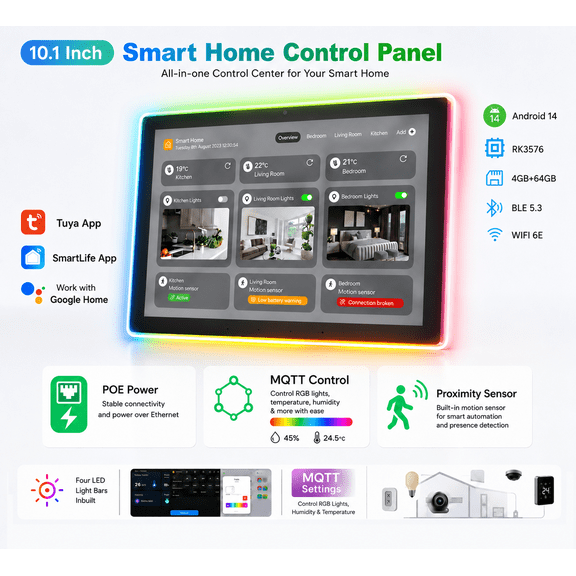 JEESTON 10.1" POE Smart Home Touch Panel Touchscreen, Android 14 Wall Controller, 4GB+64GB, WiFi 6E, RS232, LED Light Strip, Light & Temperature Sensors