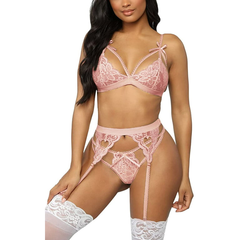 Women 4 Piece Garter Lingerie Set With Sexy Lace Garter Belts And Stockings