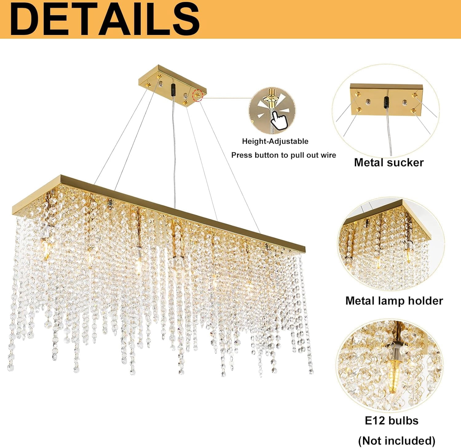 31.5" Linear Modern Crystal Chandelier Luxury Gold Rectangle K9 Crystal Raindrop Chandelier Contemporary 7-Light Ceiling Pendant Lighting for Living Room Kitchen Island Entryway Foyer