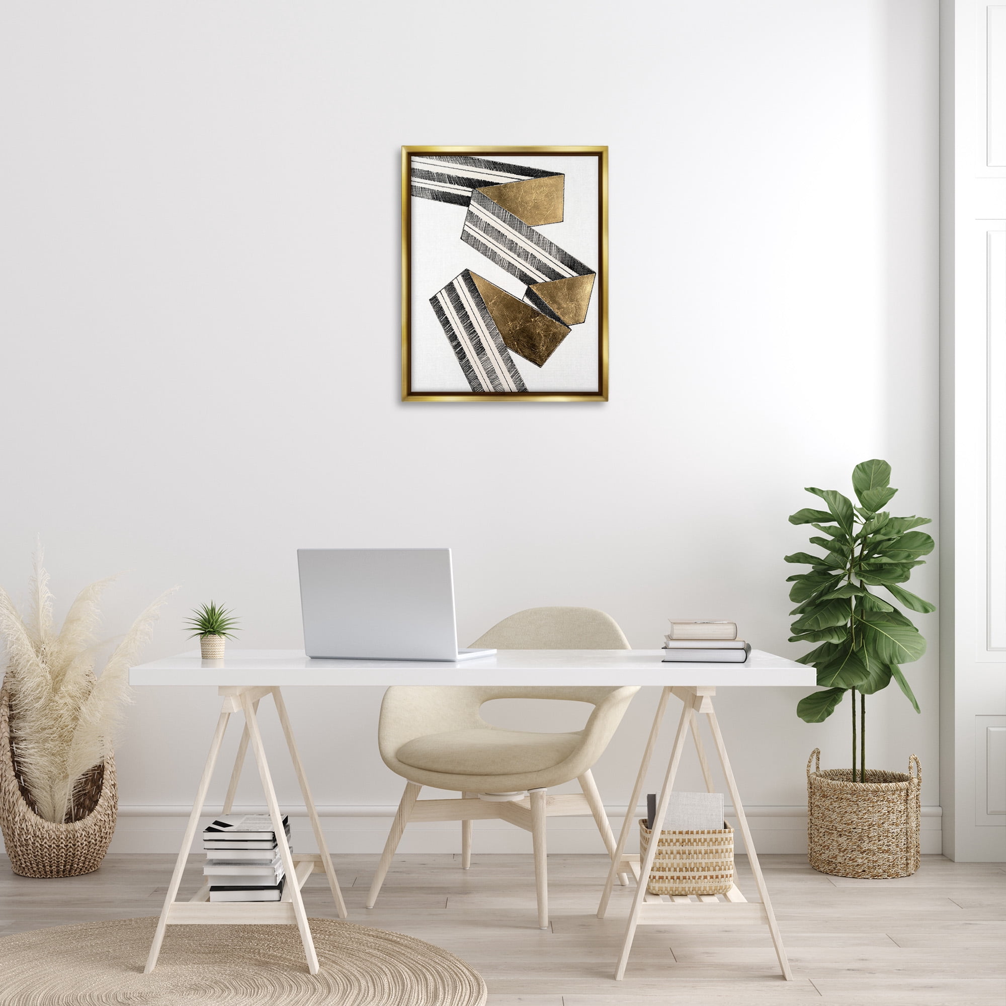 Stupell Industries Alternating Geometric Ribbon Abstract Painting Gold Floater Framed Canvas Art Print Wall Art, 25 x 31