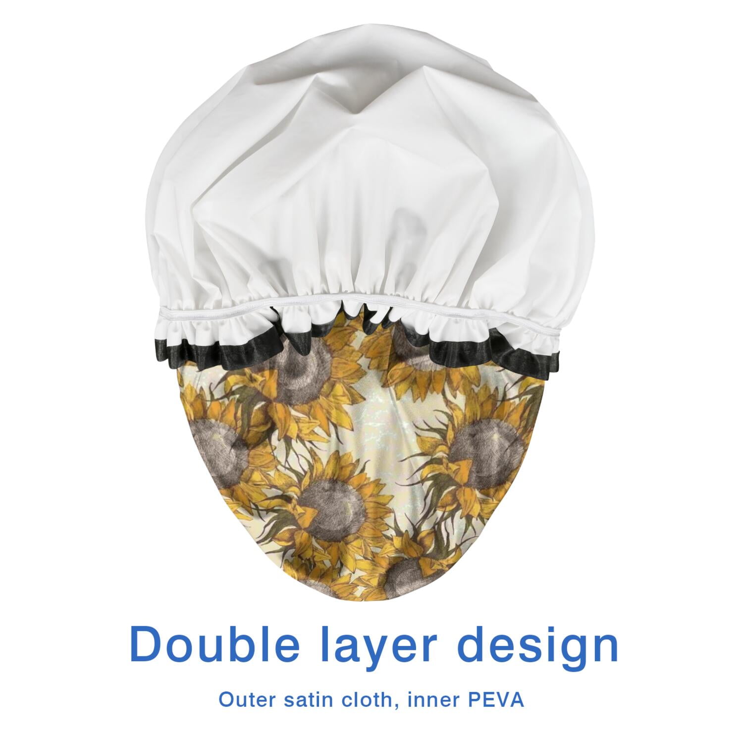 Shower Caps,Beige Sunflower Pattern Waterproof Shower Cap for Women 4 Pieces,Double Reusable Hair Cover for Shower PEVA Elastic Stretch Hem