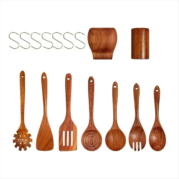 Juego de Utensilios de Cocina Cuchara de Madera Herramienta de Cocina para Sartén Antiadherente Cucharas de Cocina de Madera y Vajilla de Madera Barriles