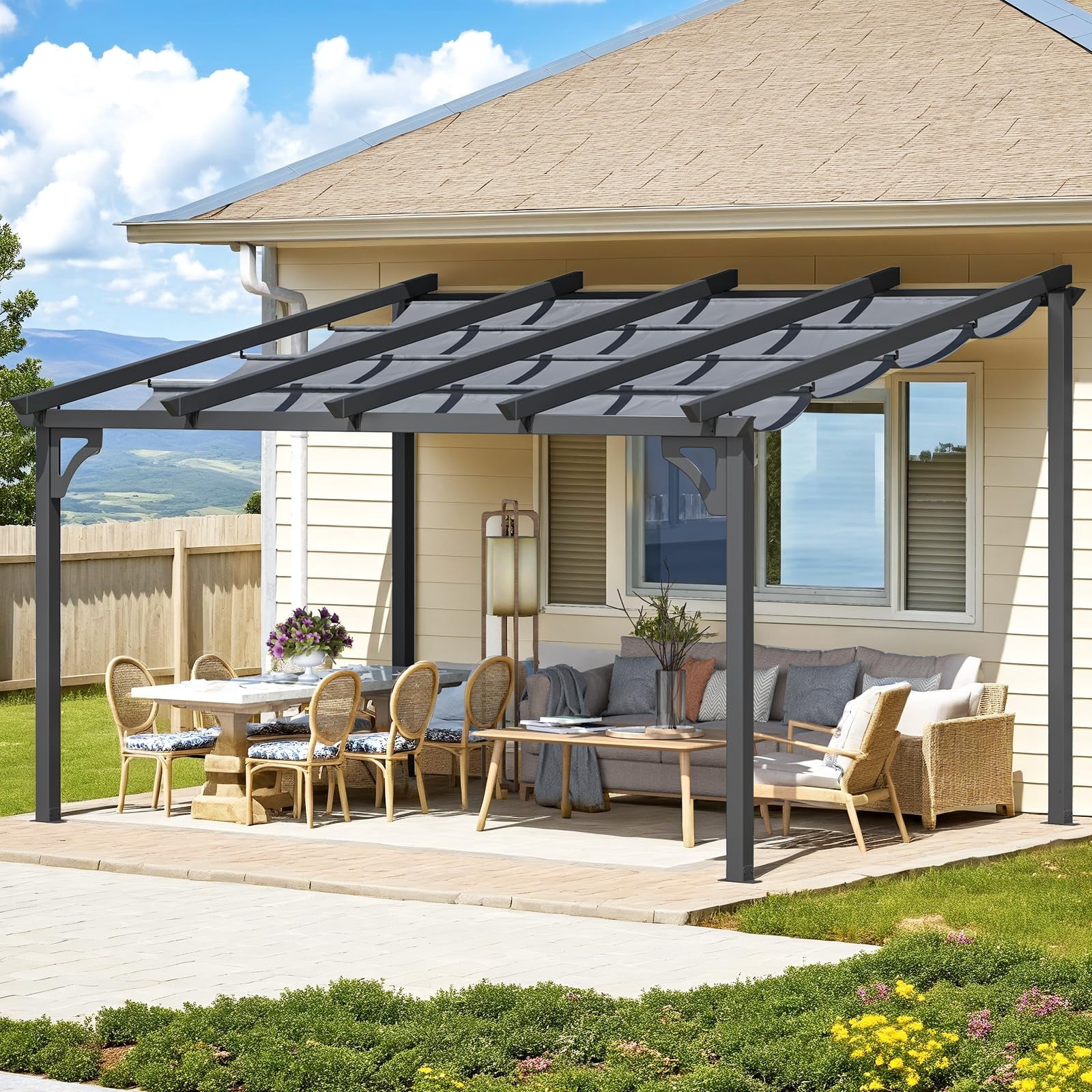 YODOLLA 14' x 10' Outdoor Lean to Gazebo, Retractable Pergola with Adjustable Sun Shade Canopy Roof, Aluminum Awnings ​for Garden, Patio, Backyard, Dark ​Gray