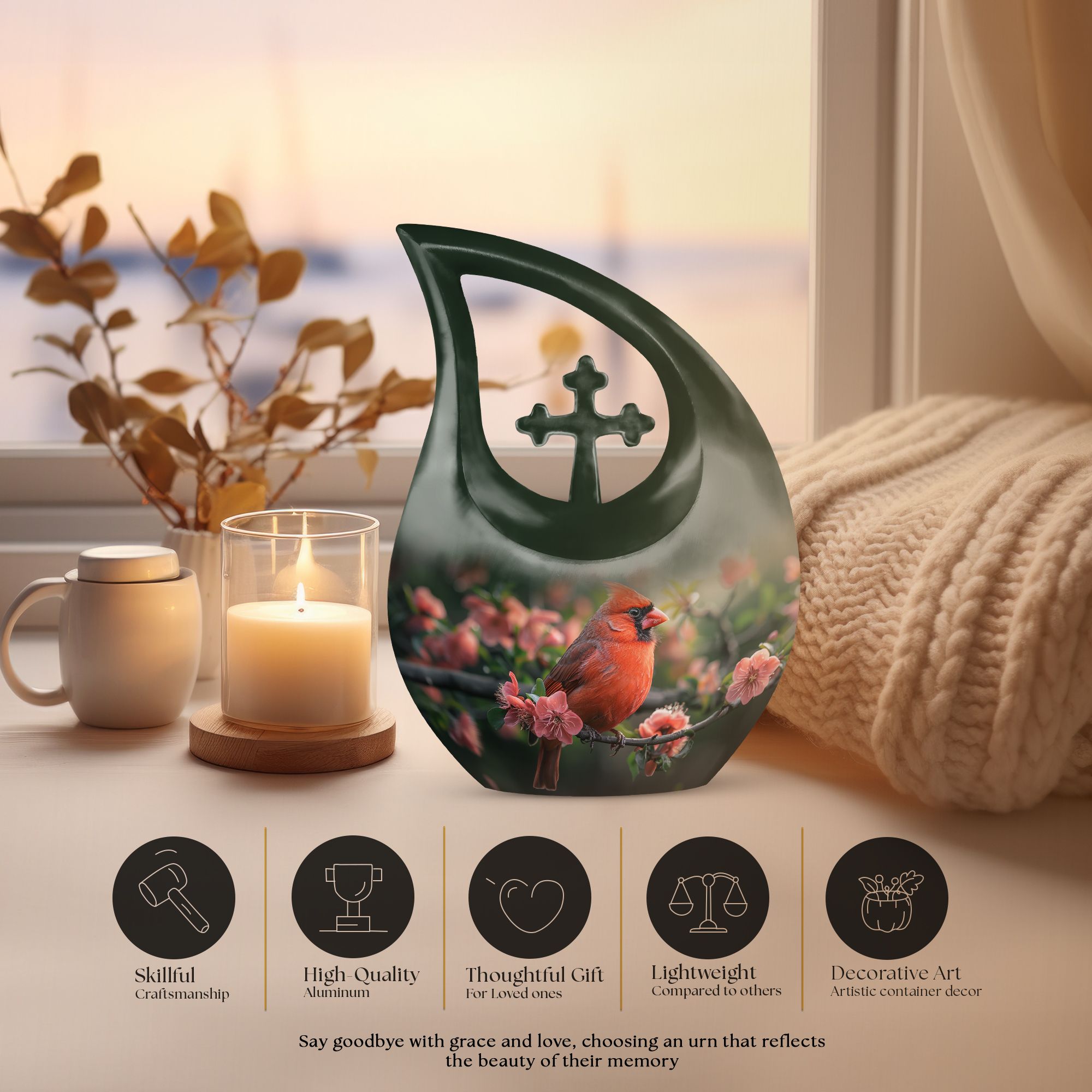 MUKTIVE Red Cardinal Bird on Blossom Tree Funeral Urn for Ashes Women & Men, Decorative Memorial Urn for Human Ashes, Combo Set, (1 Large 10 ", 4 Keepsake 3 ")