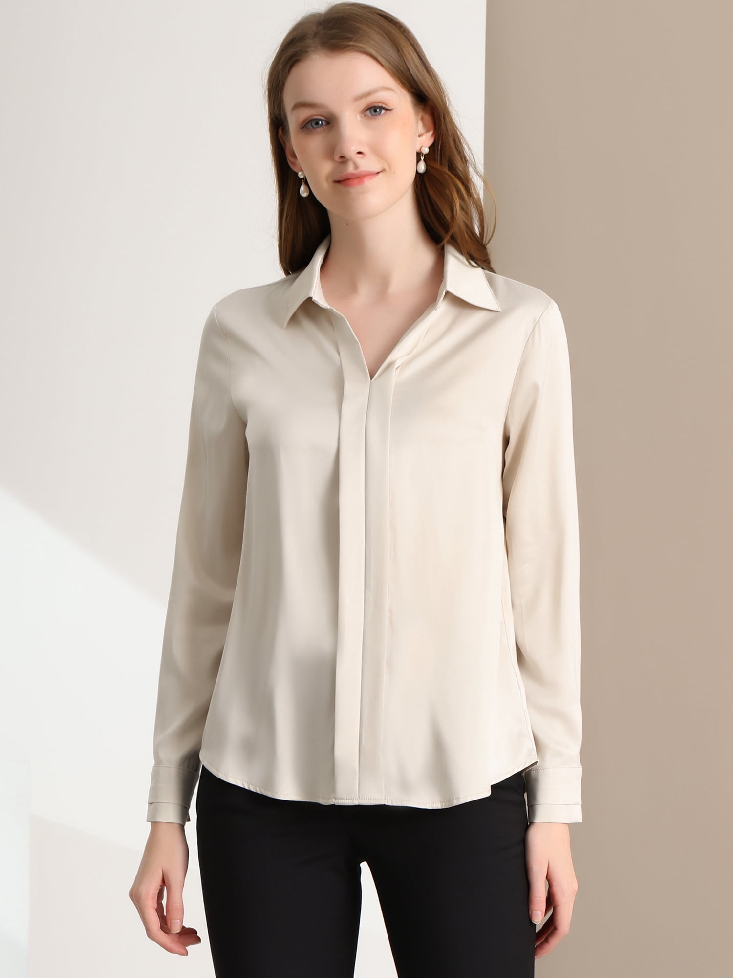 DARING DIVA Women's V Neck Classic Work Office Long Sleeve Shirt XL Apricot