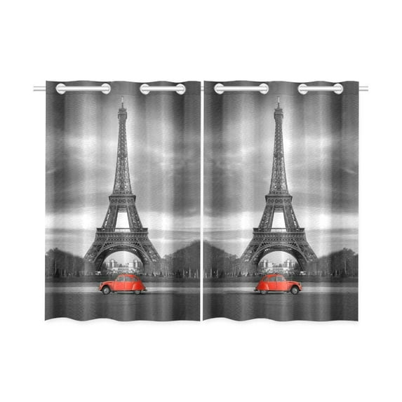 MKHERT Eiffel Tower and Old Red Car Window Curtains Kitchen Curtain Room Bedroom Drapes Curtains 26x39 inch, 2 Piece