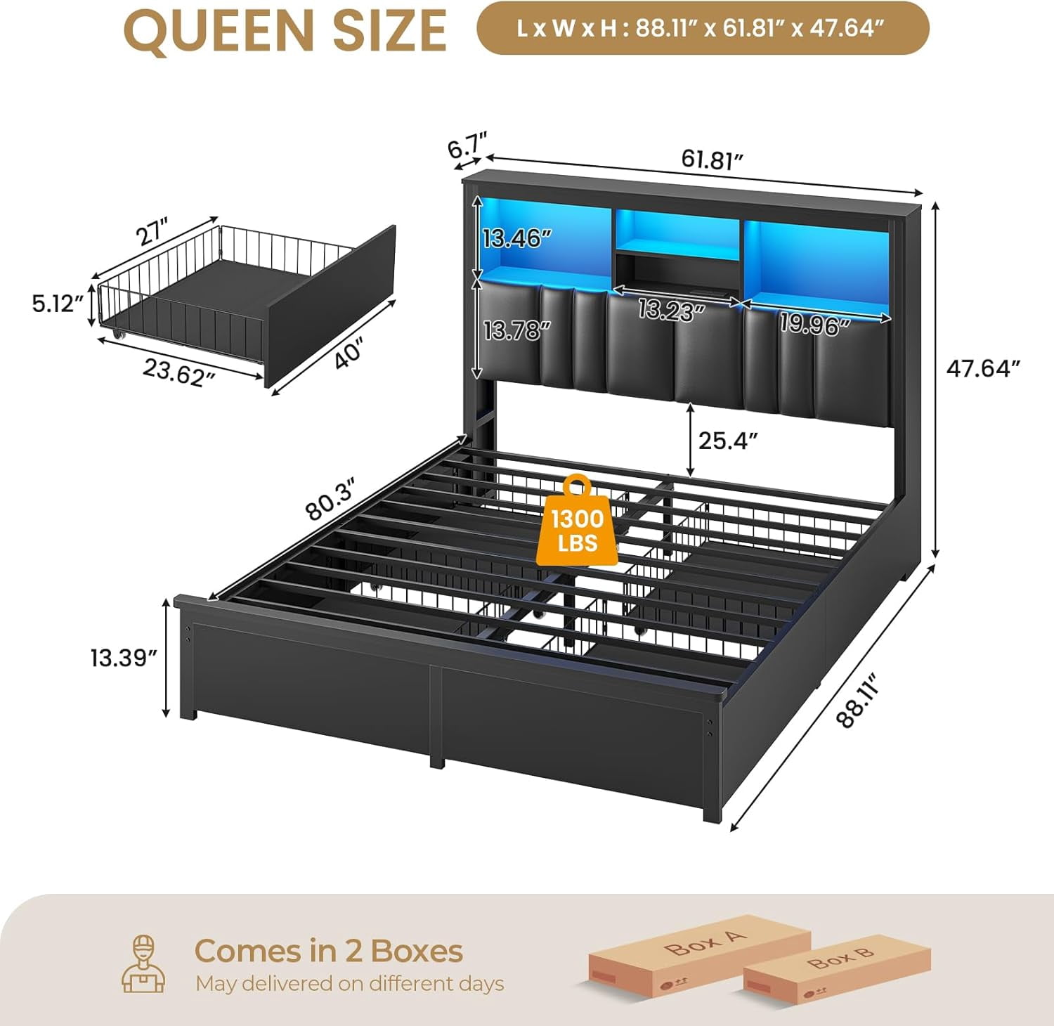 Mabor Queen Size Bed with 4 Drawers,Bed Frame with Upholstered Bookcase Headboard & Hidden Storage,Queen Size Bed Frame with LED Lights and Charging Station, Heavy-Duty Metal Platform Bed,Black