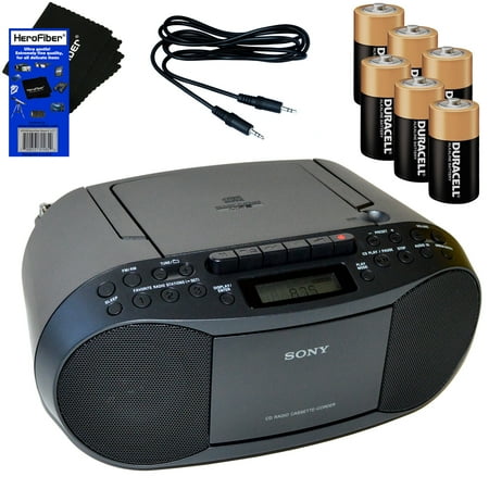 Sony Cd Player Waterproof Sony MP3 Format CD, AM/FM Radio, Cassette Recorder Boombox with Mega Bass + 6 Batteries + Auxiliary Cable & HeroFiber Ultra Gentle Cleaning Cloth ()
