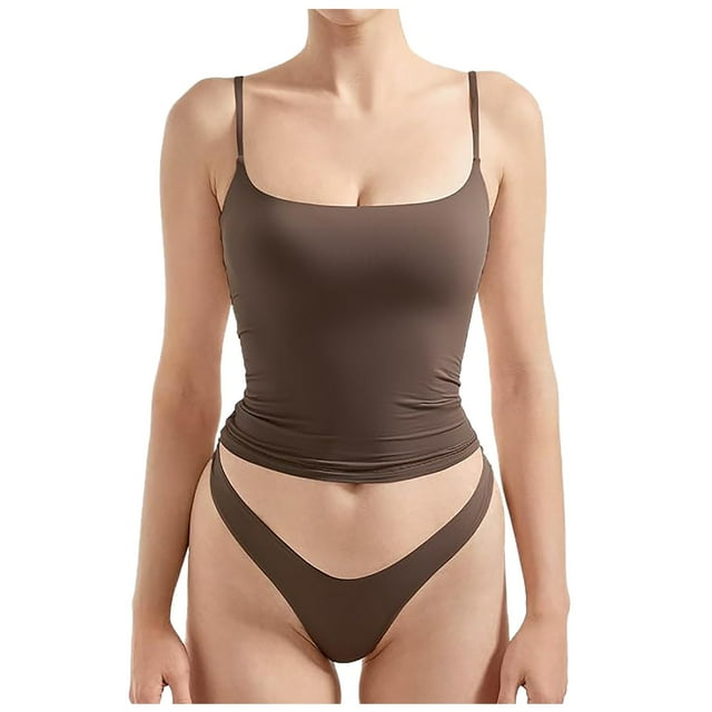 MIASHUI 2Pcs Women Tank Tops and Underwear Sleeveless Basic Top Racerback Undershirt,Brown,S