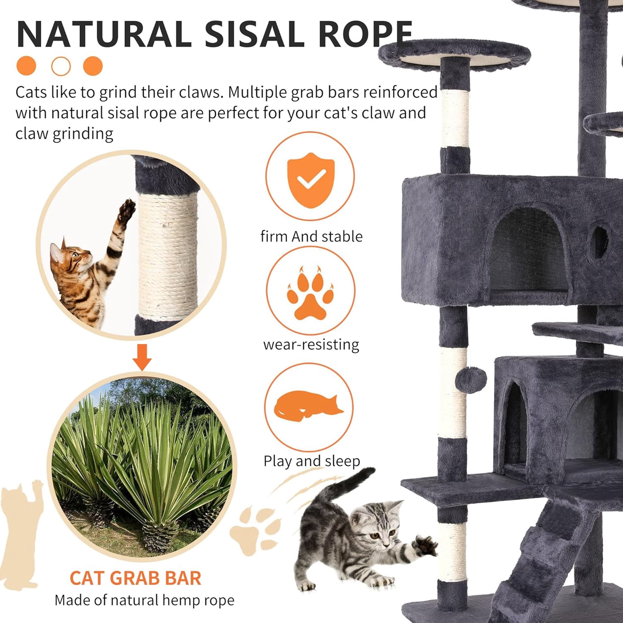 XF XINFENG 54in Cat Tree Tower Stand Multi-Level Kittens Cozy Condo Furniture Cats House with Funny Toys Scratching Sisal Posts for Indoor, Ashy