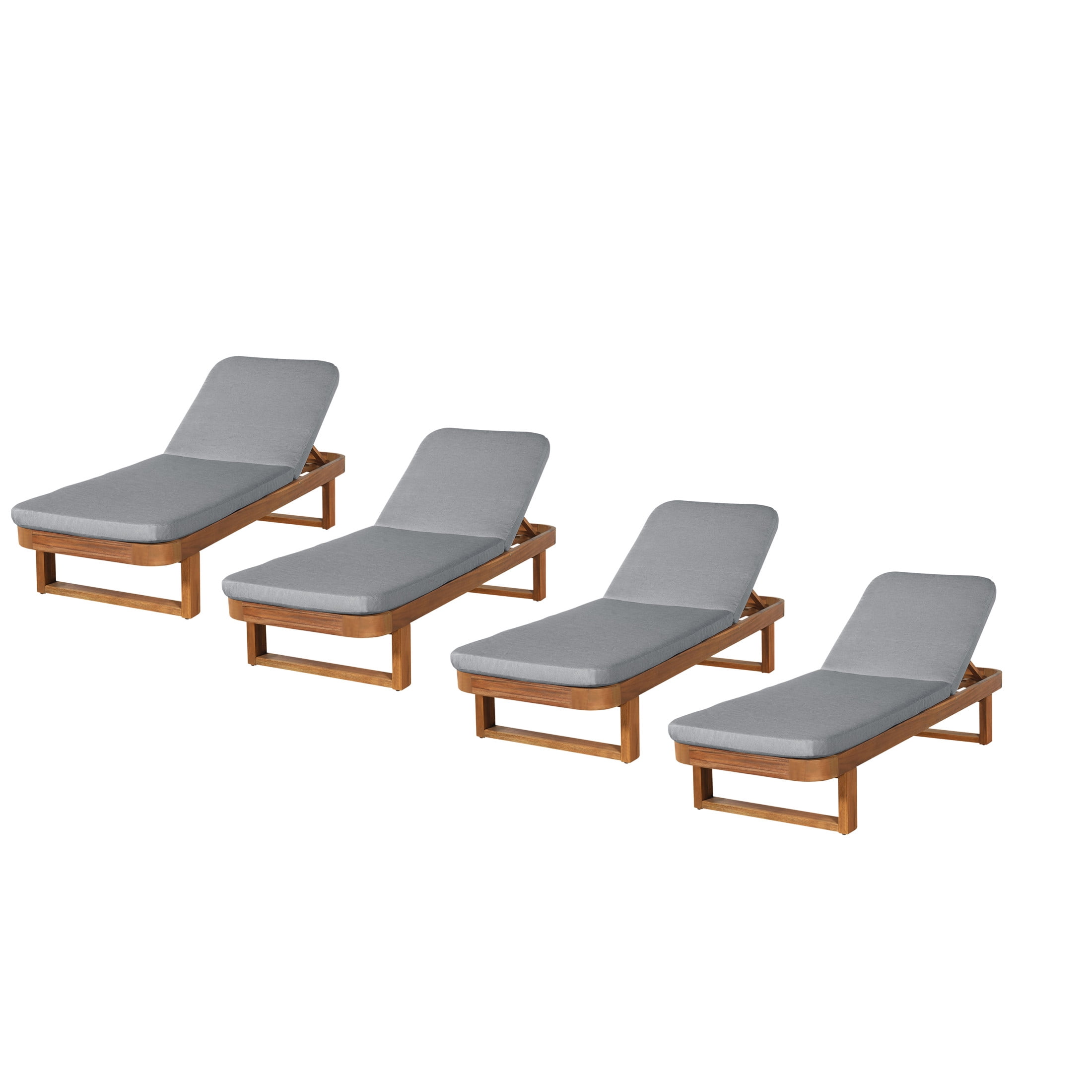 Christopher Knight Home 77" Coastal Outdoor Acacia Wood Adjustable Chaise Lounge, Light Gray Cushion, Set of 4