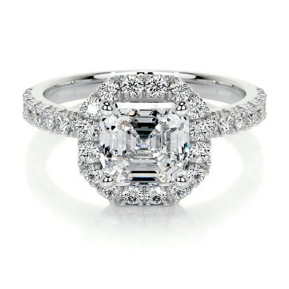 Spot Jewelry 2.2 Ct Asscher Cut Halo Wedding Engagement Ring - 14K White Gold Plated - Stunning Moissanite Ring for Women's Proposals, Anniversaries, and Special Occasion Gifts