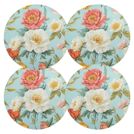 

Qxltty 15inch Round Placemats Set of 4 Polyester Fabric Heat Resistant Washable Table Mat for Kitchen Party Decor Colorful Peonies