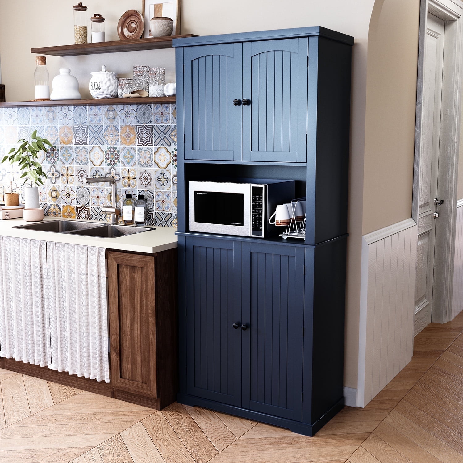 HLR 72" Kitchen Pantry Cabinet, Freestanding Pantry Storage Cabinet with Hutch & Shelves, Navy Blue