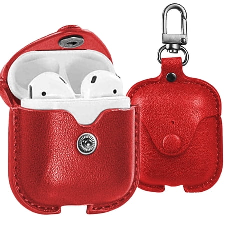 CoreLife AirPods Case Cover Leather Slim Fit Protective Soft Cover for Apple AirPods 1 & 2 Charging Case with Keychain (Red)