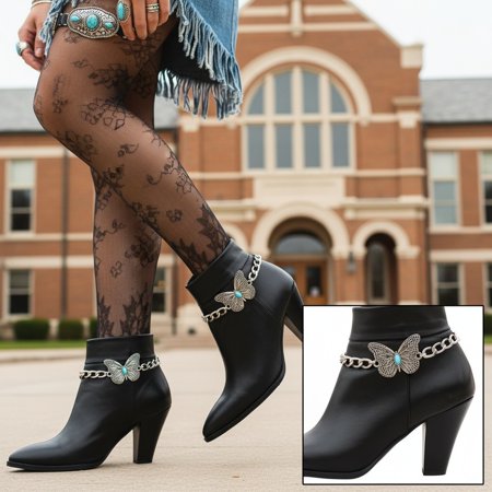 Women 2PCS Silver Boot Chain Anklet Bracelet Set – Butterfly Charm With Turquoise Blue Bead – Western Rodeo Shoe Jewelry Accessory Pair Handmade in USA – BC13