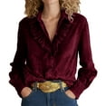 thumbnail image 2 of purcolt Velvet Tops for Women Vintage Long Sleeve Button Down Shirt Ruffled V Neck Blouse Work Office Cocktail Outfit, 2 of 7