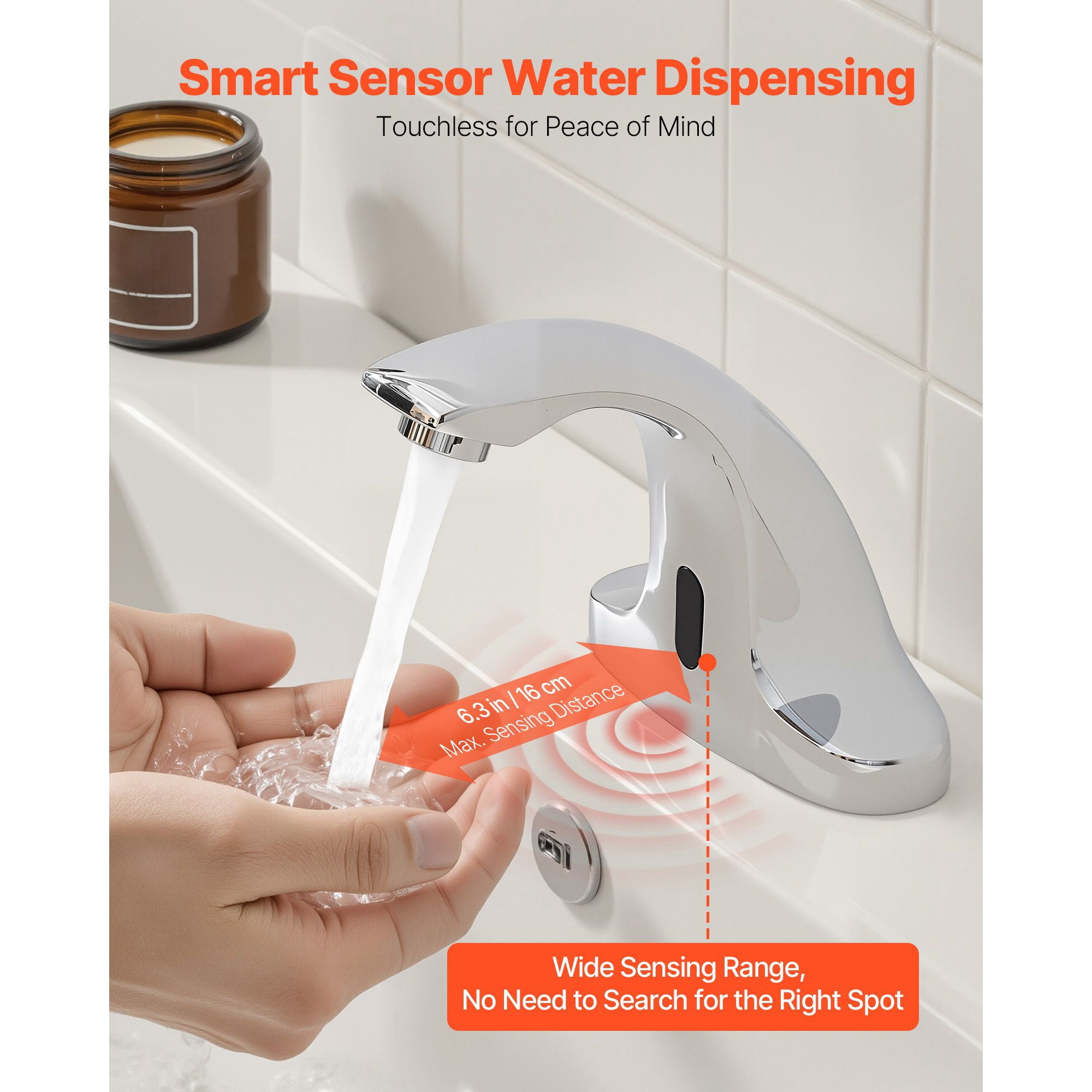 Touchless Bathroom Faucet, Infrared Sensor with 6.3 Inch Range, Brass Construction, Battery Powered, Easy Maintenance for Home Office Hotel Restroom