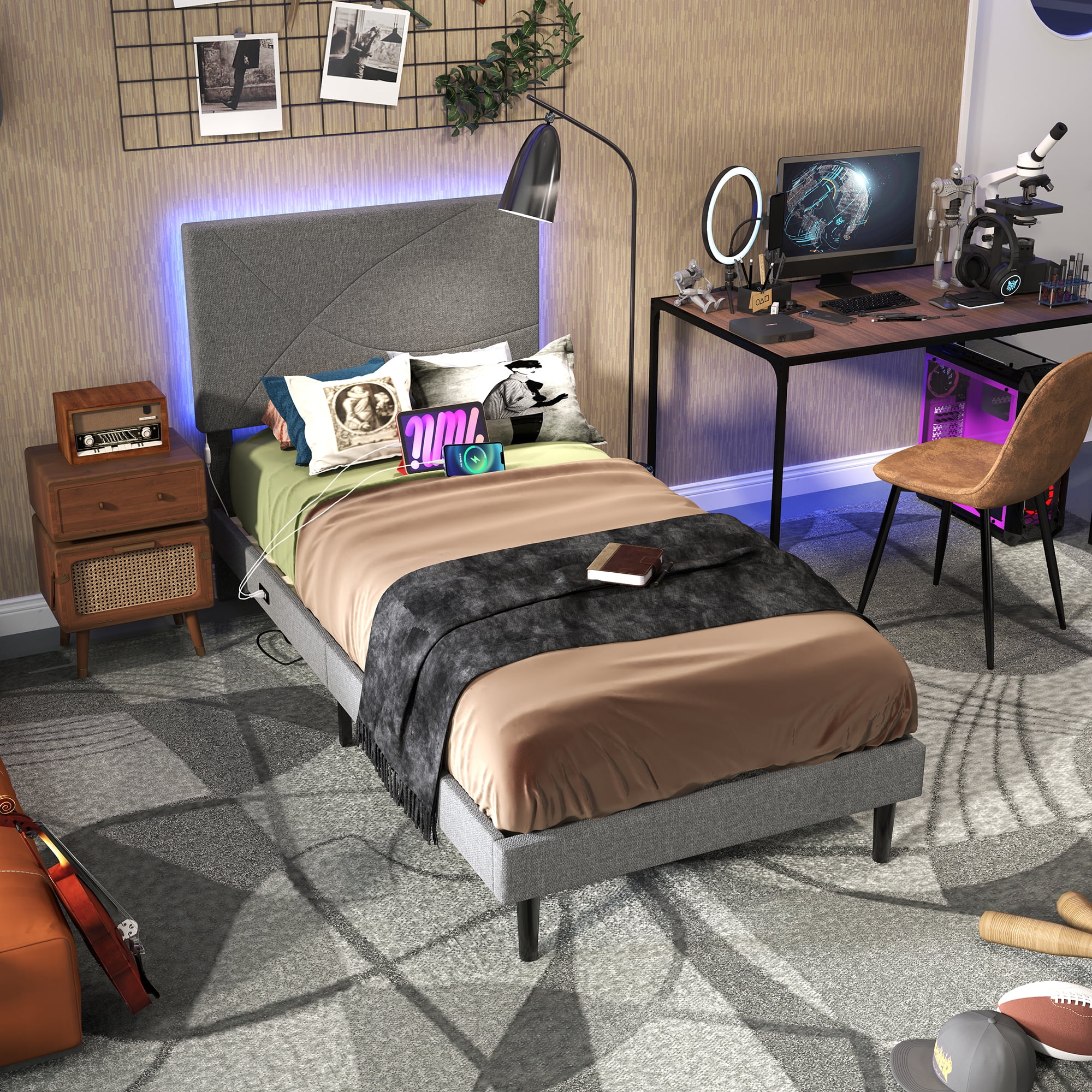 Lit simple rembourré Homy Casa avec bande lumineuse DEL et ports de charge pour chambre d'enfant ou d'adolescent, gris